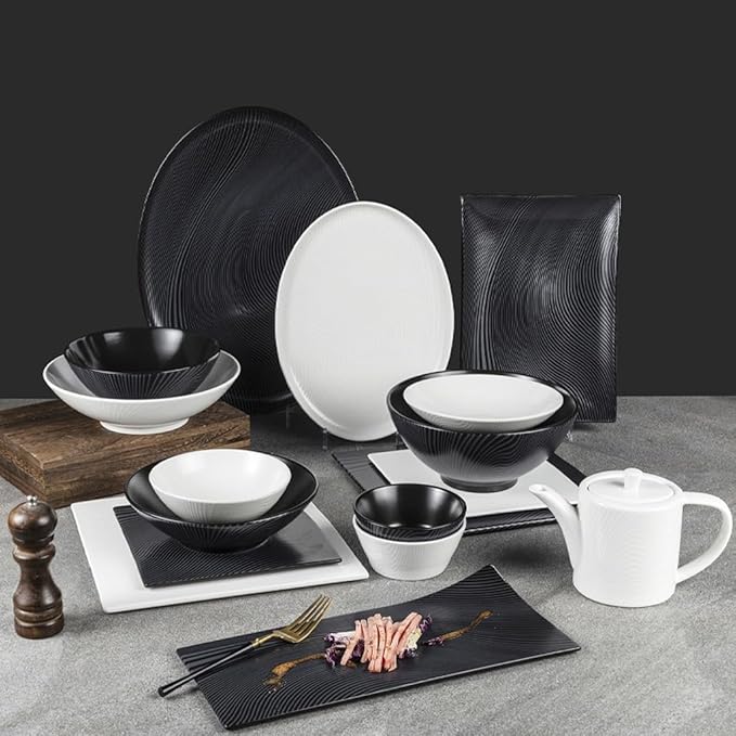 Ceramic Tableware Hotel Restaurant Black and White Grain Plate Vertical Stripes Private Room Dishes