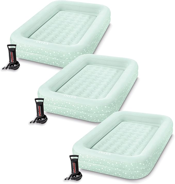 Intex Kids Travel Air Mattress Inflatable Bed Set with Raised Sides, Hand Pump, and Carrying Bag for Camping Trips and Sleepovers, (3 Pack)