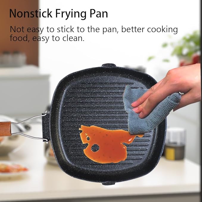 Nonstick Grill Pan with Folding Handle, 11in/ 28cm Lightweight Grill Pan for Stove Tops, 1.76lbs Versatile Griddle Pans with Pour Spouts, Square Grilling Skillet Steak Pan for Indoor Outdoor Camping