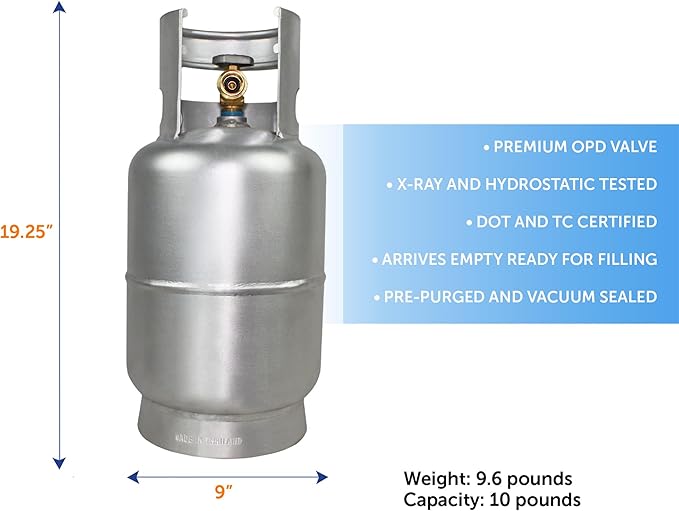 Flame King 10LB Aluminum Propane Tank with OPD Valve, Corrosion-Resistant and Rust-Free, Lightweight, Great for Marine Applications, Grills and BBQs, Camping, Fishing, & Outdoor Activities