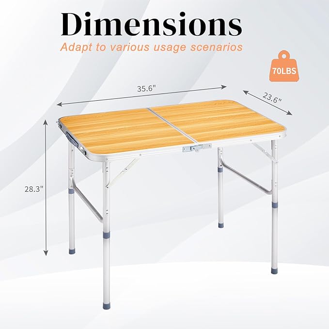 Outvita 3ft Portable Folding Camping Table, Outdoor Waterproof Adjustable Height Table, Aluminum Lightweight Suitcase Foldable Table for Picnic BBQ Beach Dining