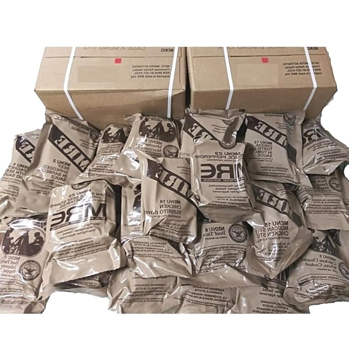 MRE A and B bundle cases 2026, 2027 inspection - Military meals ready to eat, 24 full food packs rations with 1,250 calories per meal and heater for camping