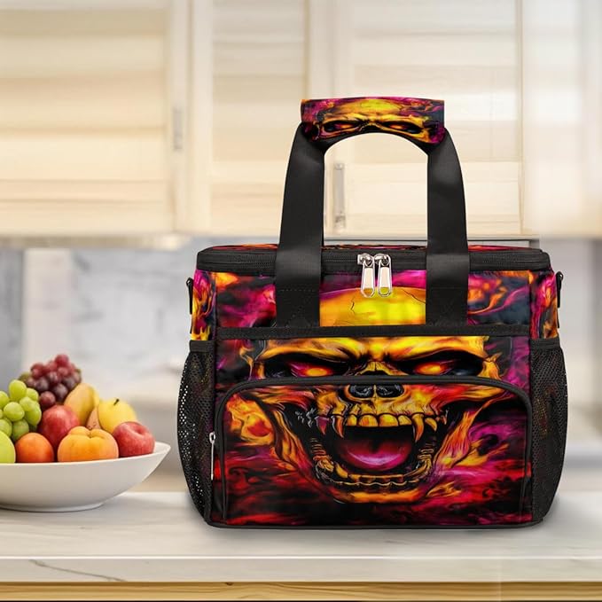 Gothic Skull Flame Soft Cooler Bag Insulated Lunch Box for Men & Women, Large Leakproof Lunch Bag Portable Beach Cooler for Work, Picnic, Road Trips,Fishing, Travel, Camping,A-9