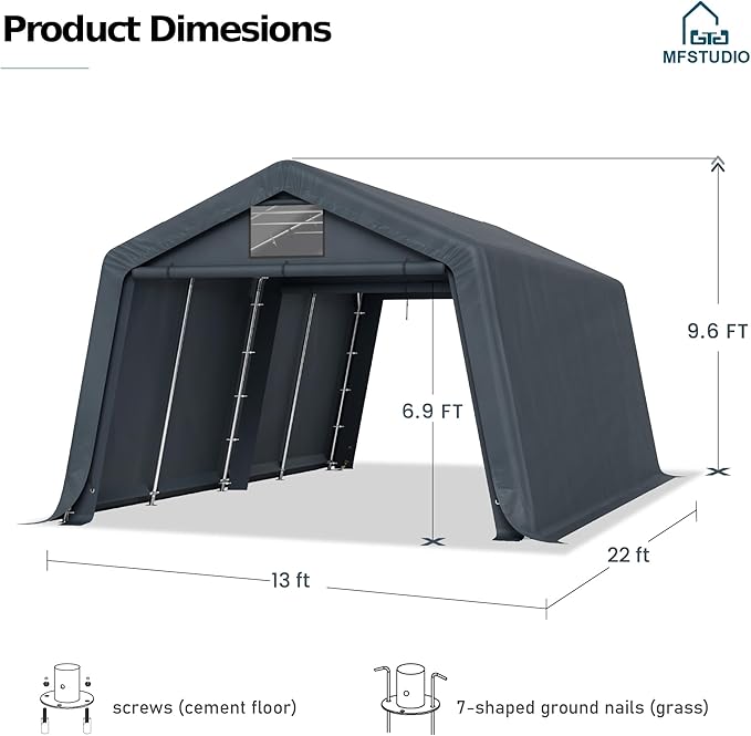 MFSTUDIO 13x22 Heavy Duty Carport, Outdoor Shades Portable Storage Shelter Garage with Rolled up Zipper Doors, Extra Large Car Canopy Tent with Roll-up Sidewalls for Boat Truck Party