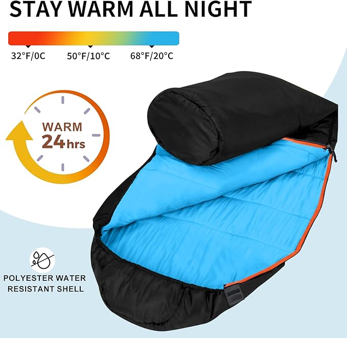 KAMPKEEPER Mummy Sleeping Bag, Cold Weather Camping Sleeping Bag, 32℉ 3-4 Seasons Adults Sleeping Bag, Non-Snag Zipper with Adjustable Hood for Backpacking, Hiking