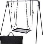 REDCAMP Swing Outdoor Campfire Grill Stand - Collapsible Campfire Cooking Rack with 6 Hooks & Iron Grill Grate, Portable Dutch Oven Hanger for Camping, Hiking, Cookware, Bonfire, Rectangle