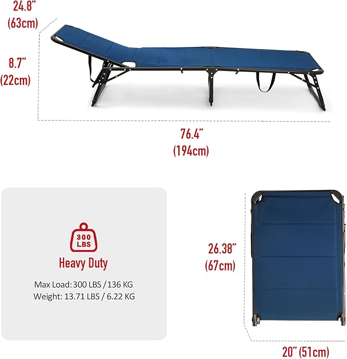 SUNNYFEEL Folding Lounge Chair Patio Chaise, Outdoor Portable Sun Lounger, Folding Camping Cot, with Adjustable Backrest and Removable Pillow for Outside Beach, Sunbathing, Pool, Lawn, Deck