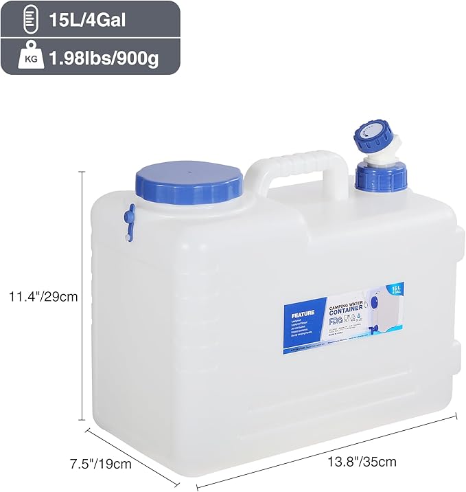 REDCAMP 3.9 Gallon/15L Portable Water Container with Spigot,Camping Water Jug, Large Water Tank,Portable Emergency Water Storage for Camping,Hiking,Hurricane Supplies, 4 Pack