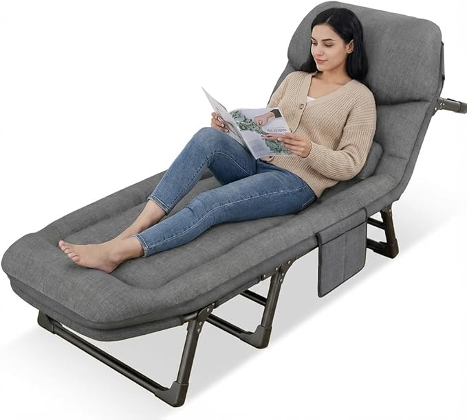 Portable Folding Bed Cot Recliner 6 Position Adjustable Backrest with Pillow Heavy Duty Steel Frame for Camping Office Nap Indoor Outdoor Use (Large(74in))