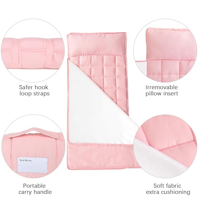2 Pack Toddler Nap Mat with Fleece Blanket, Extra Large Kids Sleeping Bag for Preschool Daycare, Portable Travel Camping Nap mats Machine Washable Pink and Violet