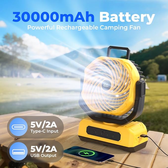 30000mAh Portable Camping Fan with RGB Lantern, Rechargeable Battery Powered Oscillating 4 Wind Speeds LED Display, Remote Control Timer Tent Beach Cordless USB Fans for Travel Home Outdoor, Yellow