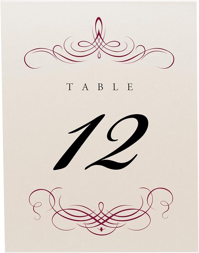 Decadent Flourish Wedding Table Numbers (Select Color/Quantity), Champagne, Burgundy, 1-125, Double Sided, Tent or Use in a Stand, Great for Parties & Restaurants