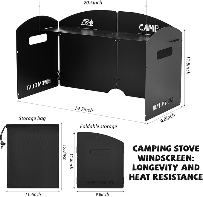 Heavy-Duty Carbon Steel Camp Stove Windscreen with Top Shelf, 4 Panel Folding Wind Shield for Gas Stove, Portable Wind Blocker for Outdoor Camping Cooking