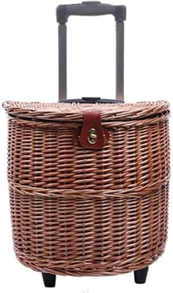 Outdoor Camping Picnic Basket, Pull Rod Type Multifunctional Roller Rattan Basket, Picnic Hamper with Tableware