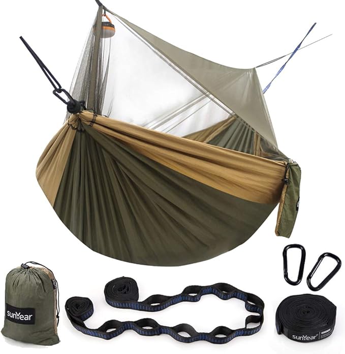 Sunyear Hammock Camping with Rain Fly Tarp and Net, Portable Camping Hammock Double Tree Hammock Outdoor Indoor Backpacking Travel & Survival, 2 Tree Straps,100% Waterproof