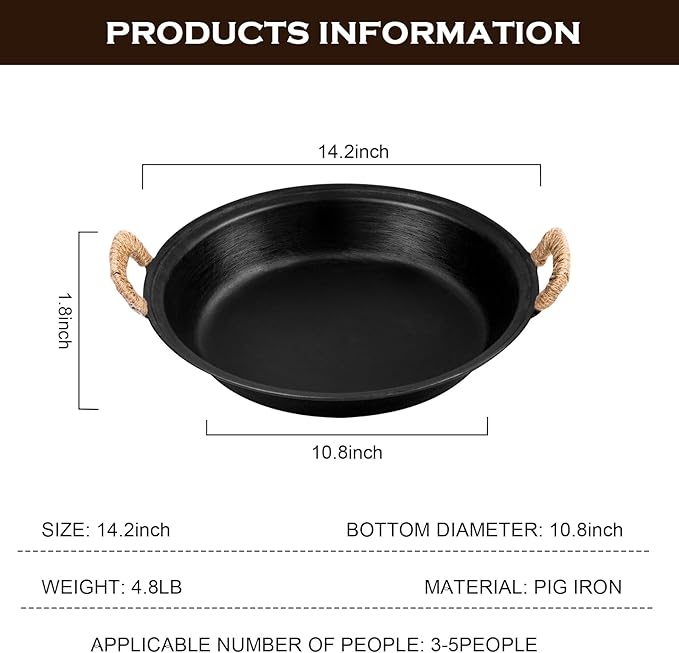 WANGYUANJI 14.2 inch Cast Iron Skillet & Grill Pan – Heavy-Duty Coating-free, Smokeless Flat Bottom, Dual Handles, All Stovetops, Indoor/Outdoor Use - Black