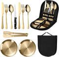 Travel Portable Gold Silverware Set With Case Stainless Steel Camping Flatware Set 10 Piece Modern Cutlery Tableware Utensils Set for Picnic and Other Outdoor Activities Mirror Polished