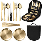 Travel Portable Gold Silverware Set With Case Stainless Steel Camping Flatware Set 10 Piece Modern Cutlery Tableware Utensils Set for Picnic and Other Outdoor Activities Mirror Polished