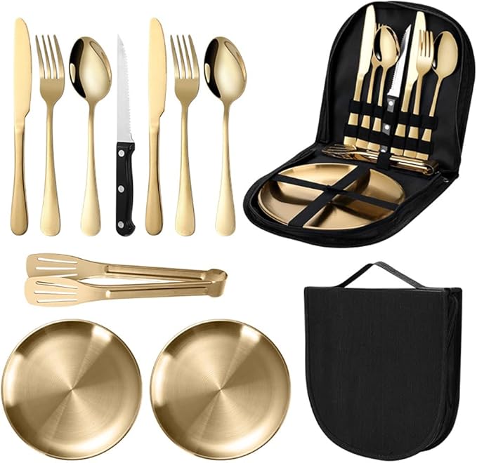 Travel Portable Gold Silverware Set With Case Stainless Steel Camping Flatware Set 10 Piece Modern Cutlery Tableware Utensils Set for Picnic and Other Outdoor Activities Mirror Polished