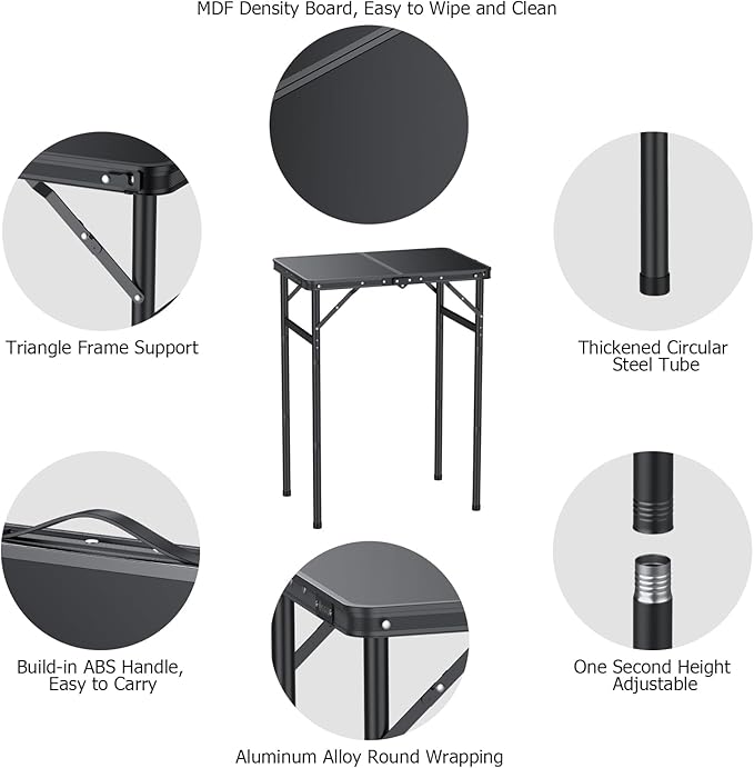 JiGiU Folding Camping Table Portable Pinic Table 3 Level Height Adjustable Aluminum Frame Small Foldable Camp Table Light Weight with Carry Handle for Outdoor Indoor Hiking Camp BBQ Beach
