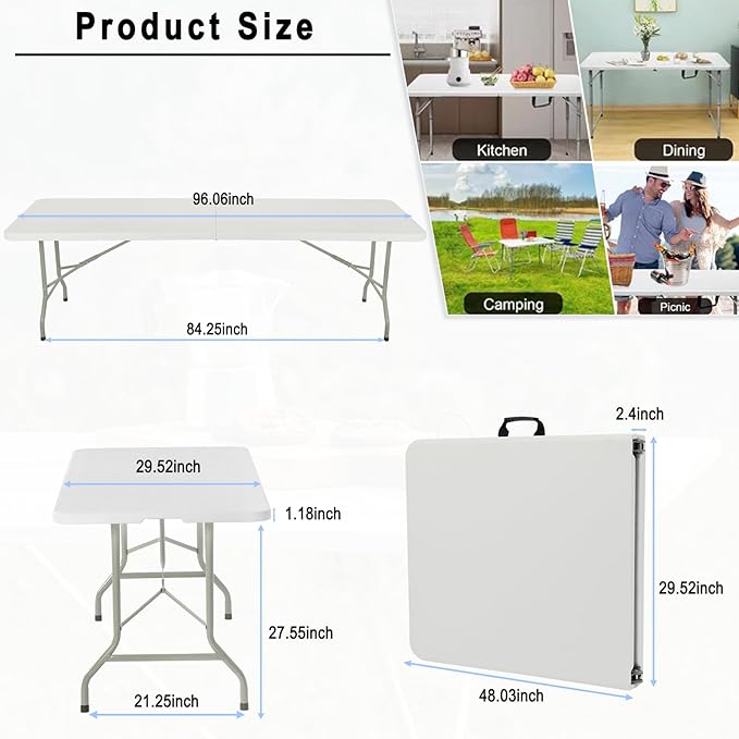 8ft Heavy Duty Portable Folding Table - Plastic Dining Table Indoor/Outdoor White Plastic Table for Parties, BBQs, and Camping