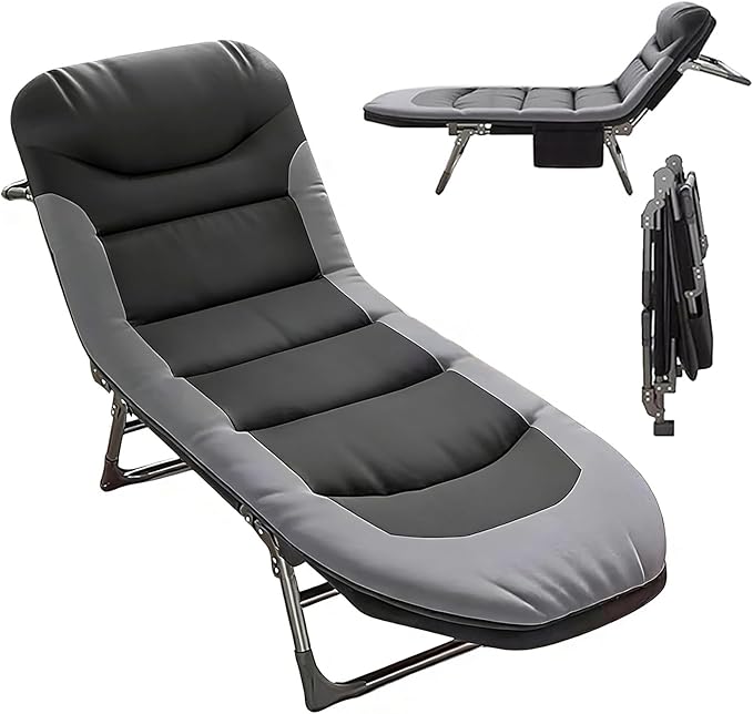 Folding Camping Cot for Adults with Adjustable Backrest & Pillow, Portable Lounge Chair Bed, 6-Position Recliner, Waterproof Outdoor Cot Supports 450lbs, Includes Side Pocket (Gray)