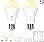 E26 Rechargeable Light Bulbs with Remote Control, 2600mAh Battery Operated Light Bulb with Hook, 3000K-6500K，40W Equivalent, 3 Timer, for Sconces Lamps Without Power, Camping, Emergency 2 Pack
