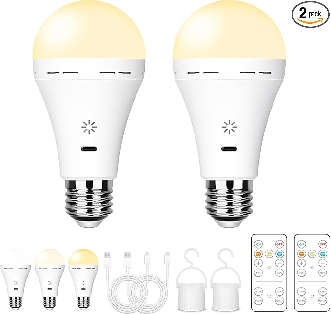 E26 Rechargeable Light Bulbs with Remote Control, 2600mAh Battery Operated Light Bulb with Hook, 3000K-6500K，40W Equivalent, 3 Timer, for Sconces Lamps Without Power, Camping, Emergency 2 Pack