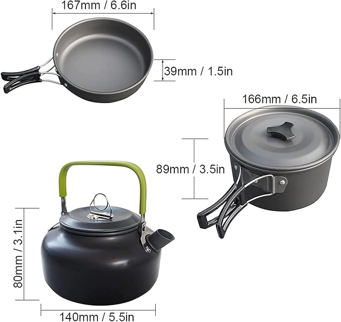 Light Aluminum Alloy Camping Cookware Utensils Outdoor Cooking Teapot Picnic Tableware Kettle Pot Frying Pan 3pcs/Set