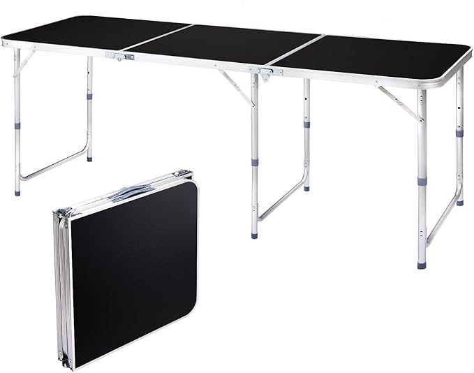 6.0 Ft Folding Portable Camping Table with Three Adjustable Heights, Tri-fold Outdoor Table, Outdoor Camping Kitchen, BBQ, Picnic, Cooking, Beach, Garden, Party, Black