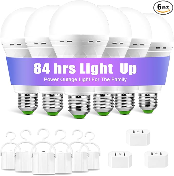 Emergency-Rechargeable-Light-Bulb, Stay Lights Up When Power Failure, 1500mAh 12W 60W Equivalent LED Light Bulbs for Home, Camping, Hiking (E27, with Hook,with Plug Cap) 6 Pack