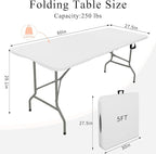 Folding Tables with Carrying Handle Lightweight Rectangular Portable Plastic Camping Table Steel Legs for Party, Dining, Wedding, Events, Picnic Indoor, Outdoor (5FT, White)