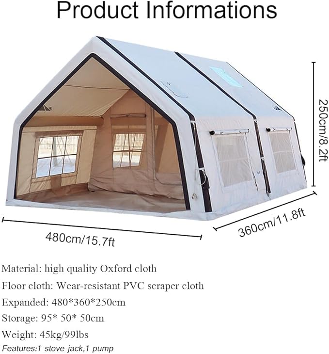 4 Season Inflatable Camping Tent with Separate Living and Sleeping Area,3000mm Waterproof Pop-Up Tent with Pump and Stove Jack Hole,4-6 Person Glamping Tent