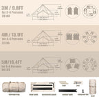 Canvas Bell Tent with Stove Jack, Glamping Yurt Tent for 360° Ventilated Mesh with Zipped Removable Floor, 4 Season Family House Hot Tents for All Year Living