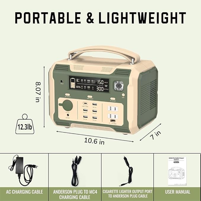 500W Portable Power Station 484Wh Solar Generator Backup Power Supply with 2 AC Outlets, 5 USB Ports and PD 100W Type-C Ports; Emergency LED Light for Outdoor Adventure Camping RV Emergency