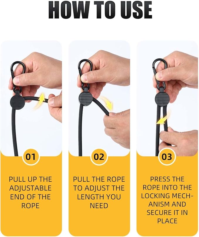 Adjustable Bungee Cords with Hooks, 6 Pack Thick Elastic Straps, Easy to Lengthen and Resecure (7"-48")– Strong, Stretchy Tie Downs with Secure Hooks for Cargo, Camping, Tents, Luggage – All-Weather