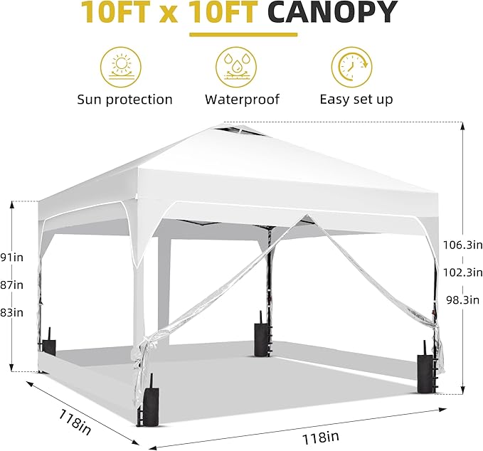 GDY 10x10 FT Pop Up Canopy Tent with One Push Setup,Setup Gazebo with 4 PVC Transparent Sidewalls,Easy Carry for Events, Parties, Camping, White.