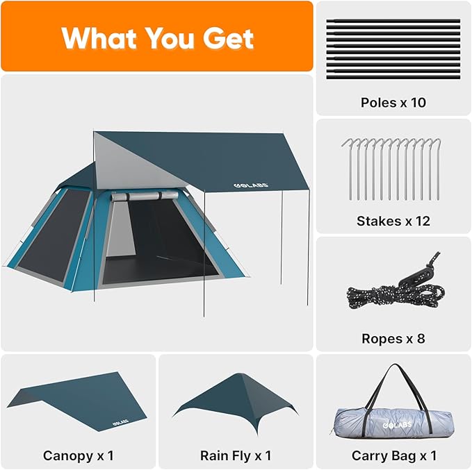 Golabs 3 Person Camping Tent w/ 9.5x8.5 ft Canopy, 3-Minute Setup by Pre-Attached Pole, PU1500mm Waterproof, 4 Side Mesh Tent Top & Door & Ventilation, Portable Family Tent w/Carry Bag & Pocket & Hook