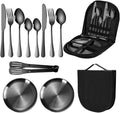 Travel Portable Black Silverware Set With Case Stainless Steel Camping Flatware Set 11 Piece Modern Cutlery Tableware Utensils Set for Picnic and Other Outdoor Activities Mirror Polished