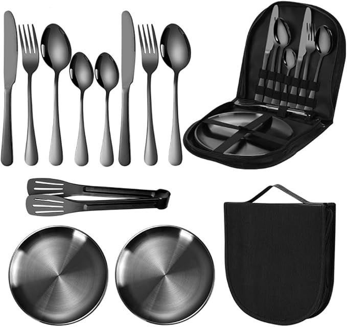 Travel Portable Black Silverware Set With Case Stainless Steel Camping Flatware Set 11 Piece Modern Cutlery Tableware Utensils Set for Picnic and Other Outdoor Activities Mirror Polished
