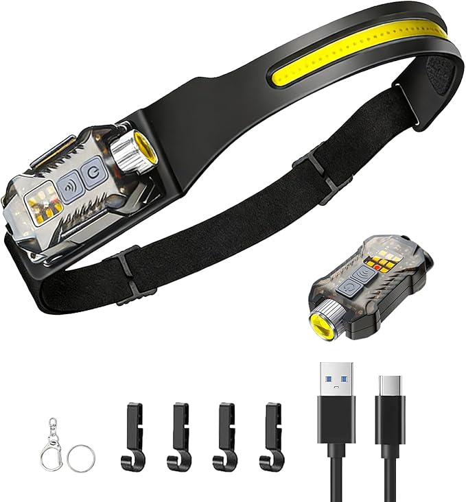 Headlamp Rechargeable LED Head Lamp with Motion Sensor, 2 in 1 Detachable 230° Wide Beam Headlight for Forehead, Hard Hat Headlamps for Adults, for Hiking, Repairing, Fishing, Running, Camping (Black)
