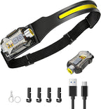 Headlamp Rechargeable LED Head Lamp with Motion Sensor, 2 in 1 Detachable 230° Wide Beam Headlight for Forehead, Hard Hat Headlamps for Adults, for Hiking, Repairing, Fishing, Running, Camping (Black)