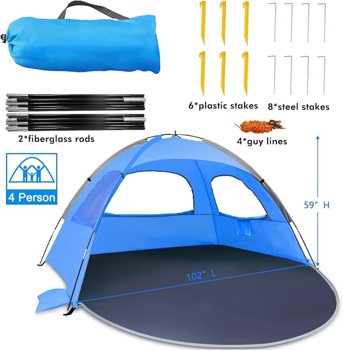 NXONE Beach Tent Sun Shelter with UPF 50+ UV Protection, Lightweight Easy Setup Portable Beach Canopy for Family, Large Space for Beach, Camping & Outdoor, 3/4/6 Person