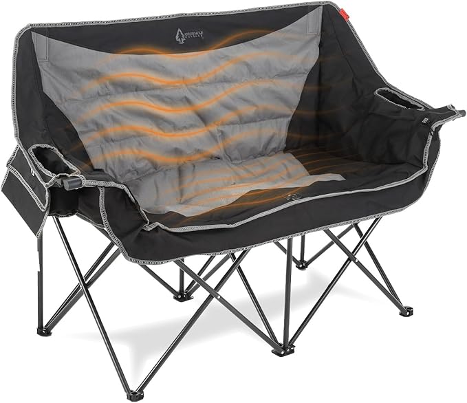ARROWHEAD OUTDOOR 57" Wide Duo Foldable Heated Camping Loveseat Chair with 3-Stage Heating, Large Cup Holders, Glass Holders, Side Pockets, and Storage Pouches