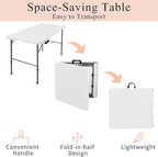 Folding Tables with Carrying Handle Lightweight Rectangular Portable Plastic Camping Table Steel Legs for Party, Dining, Wedding, Events, Picnic Indoor, Outdoor (1, White, 4 FT)