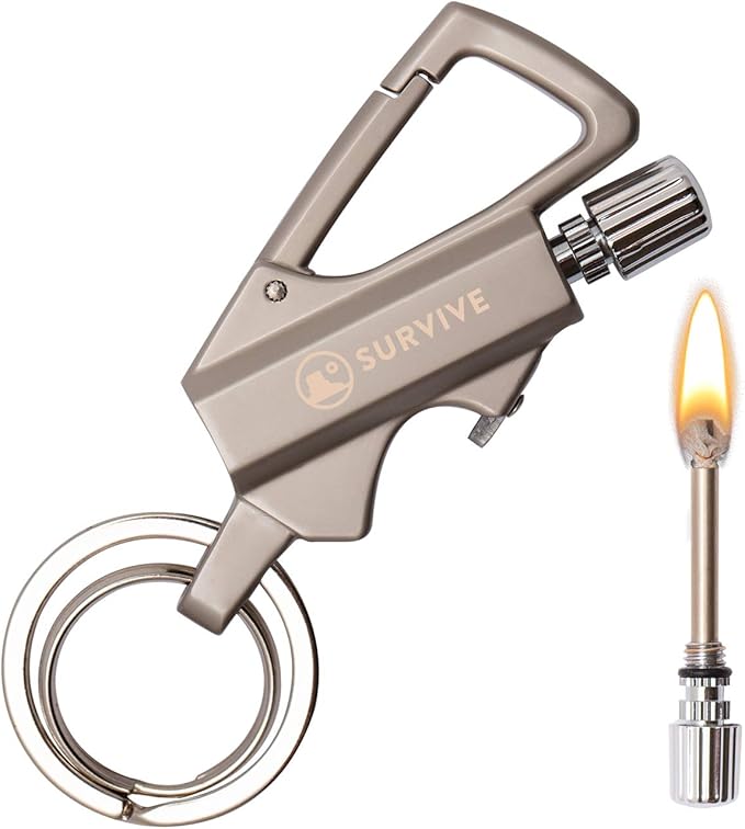SURVIVE Permanent Match Bottle Opener Metal Keychain, Reusable Survival Fire Starter Lighter, Emergency Waterproof Striker Stick Kit