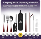 Portable Travel Silverware Set With Case - Includes 10 Pcs of Utensils, Stainless Steel Flatware For Camping, Easy to Travel, Lightweight (Red Two Tune)