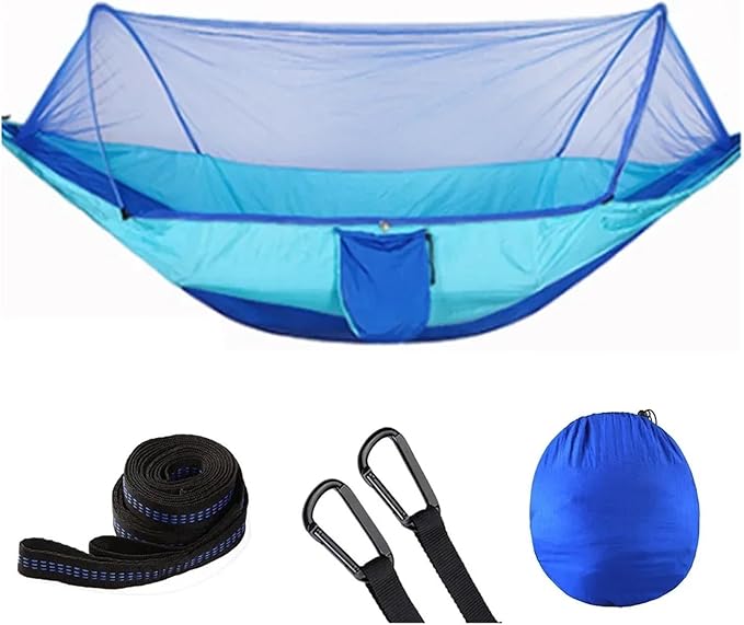 Compatible For Camping Hammock With Mosquito Net Pop-Up Light Portable Outdoor Parachute Hammocks Swing Sleeping Hammock Camping Stuff(Light blue and blue)