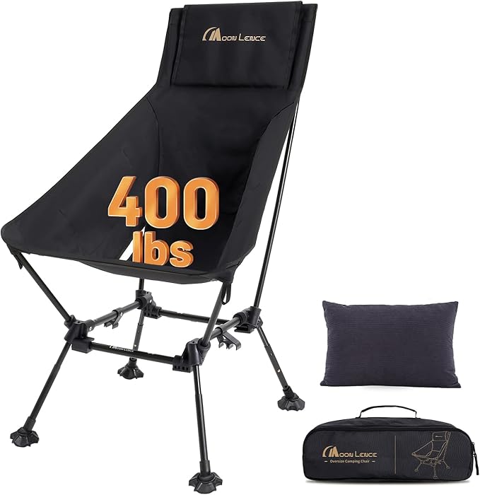 MOON LENCE Oversized High Back Camping Chair with Pillow for Adults, Height Adjustable Folding Chair with 400 lbs Capacity, Hidden Pillow Pocket & Wide Seat for Camping, Fishing, Base Camp, Black
