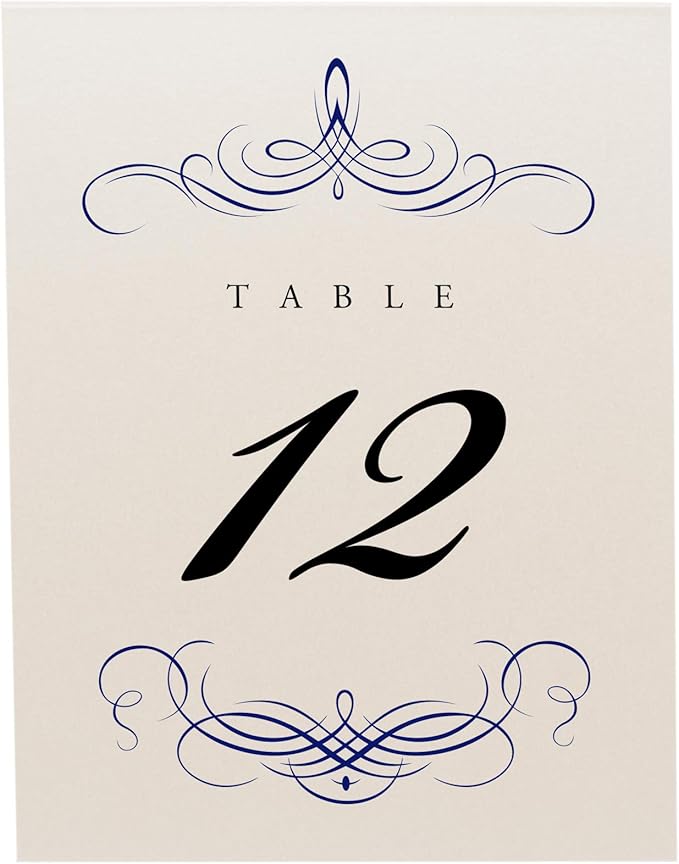 Decadent Flourish Wedding Table Numbers (Select Color/Quantity), Champagne, Navy, 1-15, Double Sided, Tent or Use in a Stand, Great for Parties & Restaurants - Made in the USA